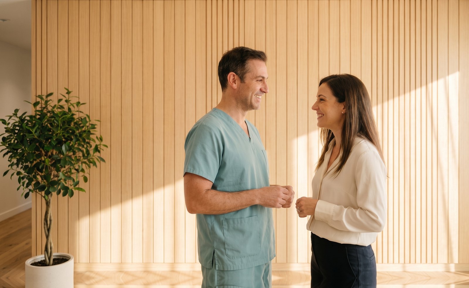 A GibMed plastic surgeon talking with a patient in a consultation room